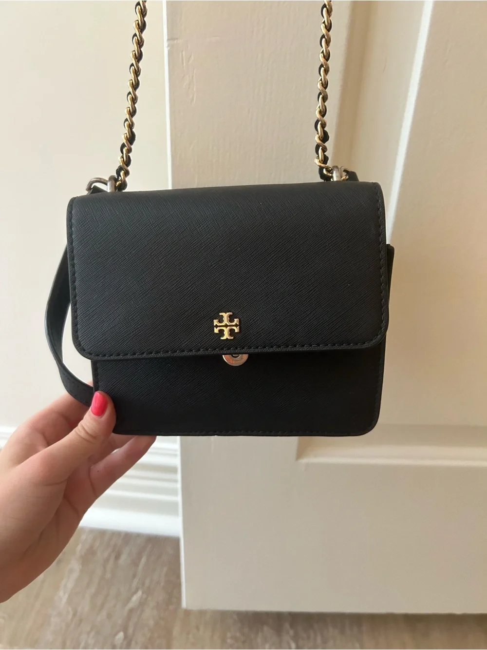 Tory Burch Black Leather Crossbody with Gold Logo Chain